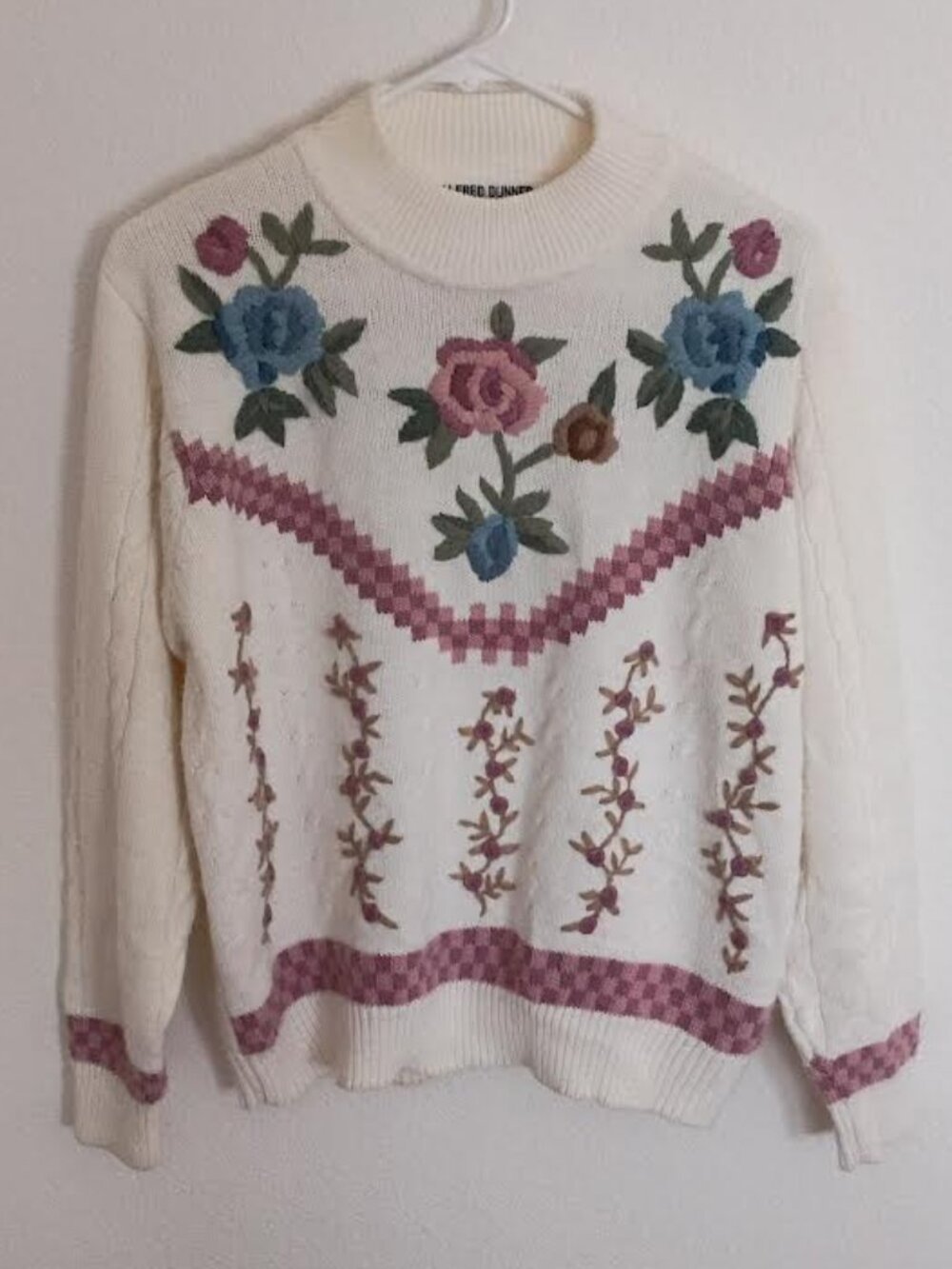 VINTAGE ALFRED DUNNER WOMEN'S SWEATER MAUVE BLUE FLORAL EMBROIDERY 80'S 90'S PL